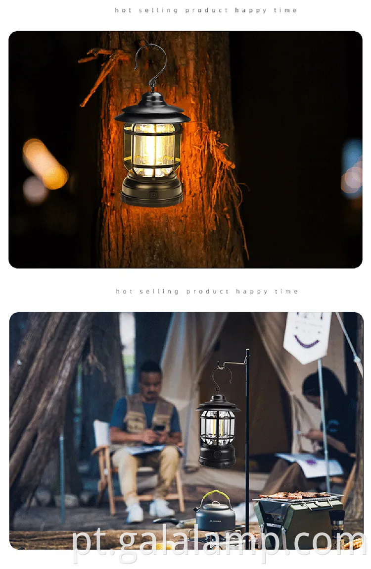 Lanterna de LED portátil para acampar com design retrô e bateria recarregável